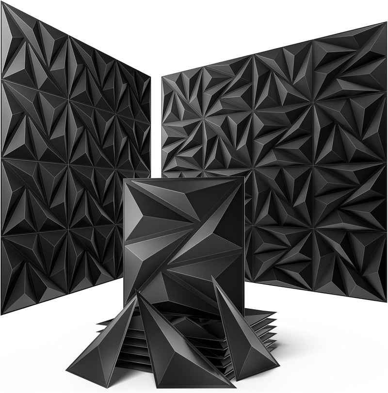 Sonicism Wall Panels Upgrade 16 Pack,0.7”x11.8”x11.8”Pyramid 3D Wall Panels Creative Cutting,PVC Wall Panels for Interior Wall Decor Fire Resistant,Wall Tiles for Various Scenes(Charcoal Black) - Image 1